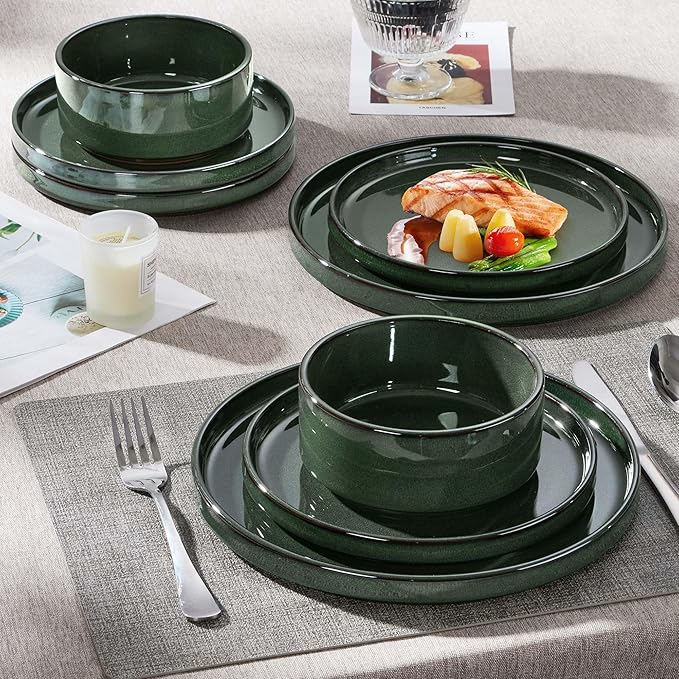 Herogo Plates and Bowls Dinnerware Sets for 8, 24 Pieces Ceramic Stoneware Dinner Dishes Set, Rustic Terracotta Bottom, Dishwasher & Microwave Safe, Dark Green