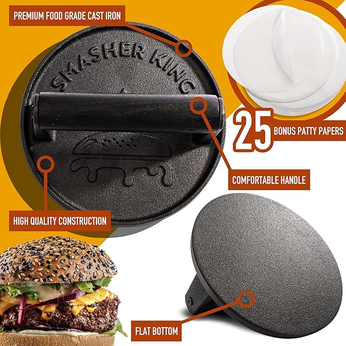 SMASHER KING™ - Premium Cast Iron Smash Burger Press incl. 25 pcs of Patty Paper, Burger Smasher for Griddle with Black Wood Handle, Perfect Hamburger Press
