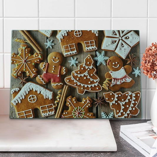 Ambesonne Gingerbread Man Cutting Board, Tasty Looking Traditional Cookies Little Snowflakes Cinnamon, Decorative Tempered Glass Cutting and Serving Board, Large Size, Brown White
