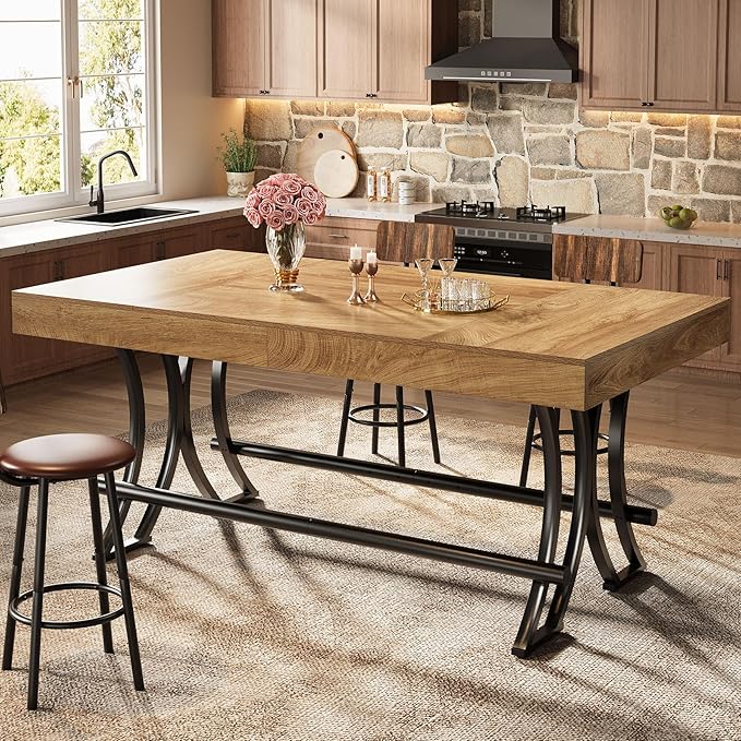 Tribesigns 63" Counter Height Dining Table with Metal Footrest, Rectangular Tall Kitchen Bar Pub Table, Industrial Home Bar Unit for Entertaining, Freestanding, Brown