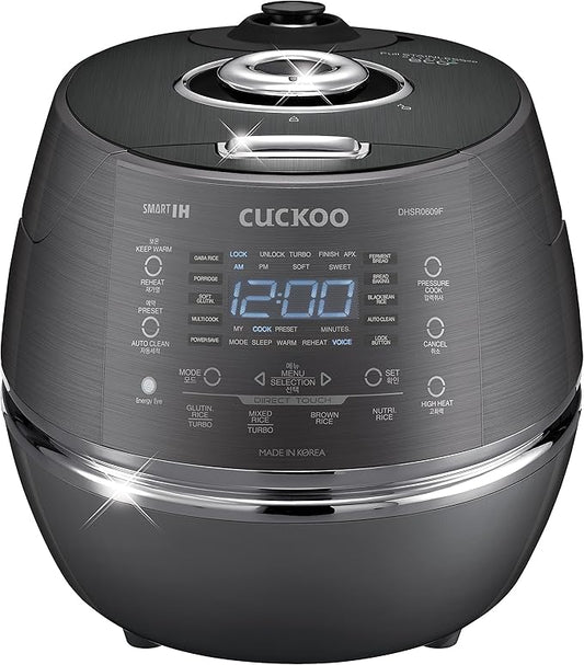 CUCKOO High Pressure Rice Cooker 6-Cup Uncooked / 12-Cup Cooked with Induction Heating Technology, Versatile Rice Maker with 21 Menu Options and Steam Plate, Voice Guide, Dark Gray (CRP-DHSR0609FD)