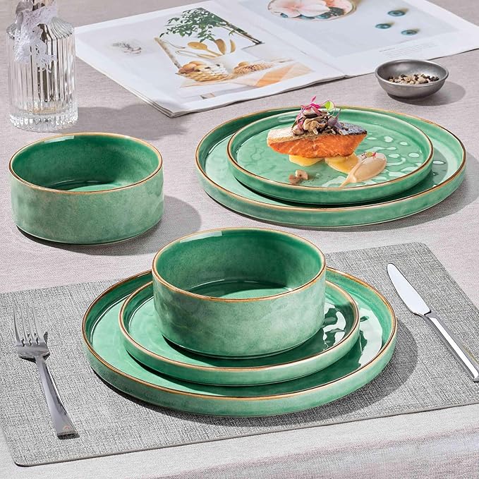 Herogo 18 Pieces Dinnerware Sets, Serving Plates and Bowls Sets for 6, Stoneware Dishes for Dinner, Salad, Cereal, Dishwasher & Microwave Safe, Gemstone Green