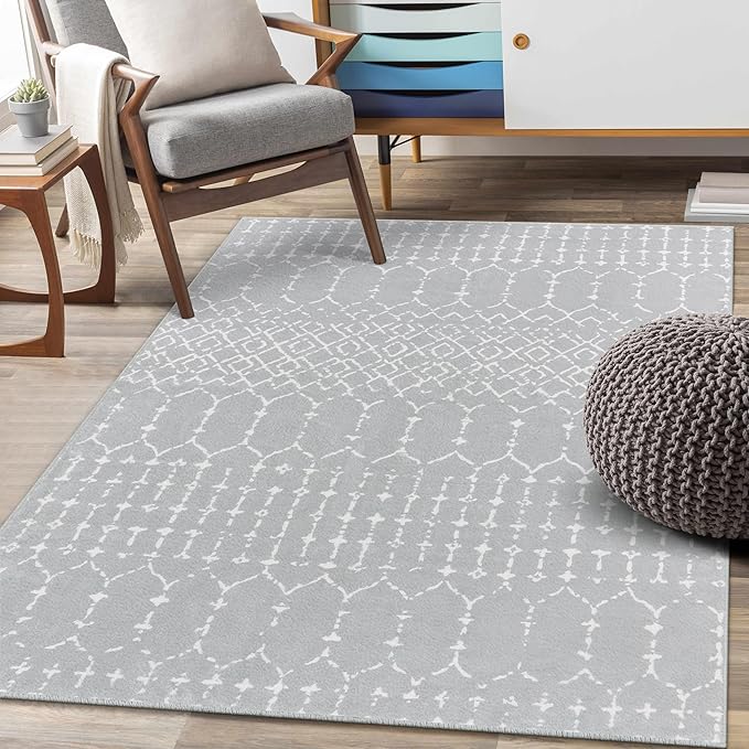 Lahome Moroccan Washable Living Room Area Rug - 3x5 Small Rugs for Bedroom Throw Non-Slip Low-Pile Entryway Rug Kitchen Rugs Soft Grey Distressed Capet for Office Bathroom Laundry Room Dining Room