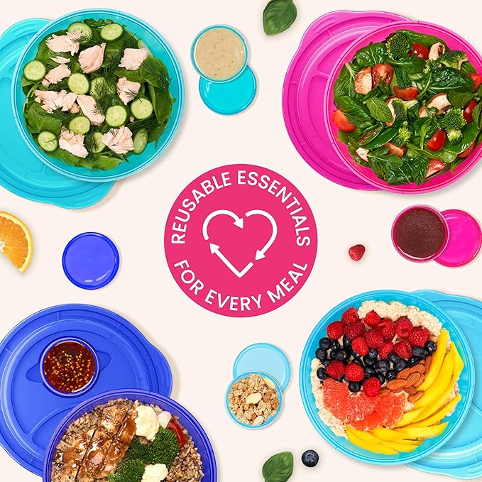 Bentgo Easyboxes Salad-to-Go Containers - 8-Piece Set: 4 Bowls, Leak-Proof Dressing Cups Built-In & 4 Fitted Lids Seal in Freshness; Reusable/BPA-Free for Salad, Pasta, & Cereal (Jewel Brights)