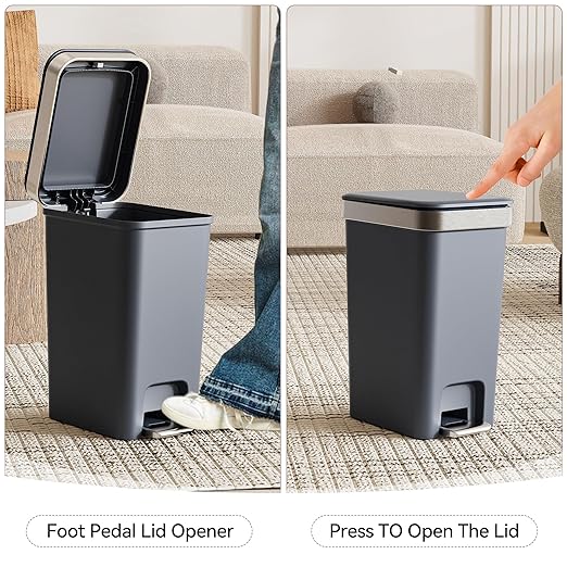 2Pack Small Bathroom Trash Can with Lid Soft Close, 10 Liter/2.6 Gallon Slim Garbage Can-Metal Step and Press top Lid, Mini Modern Waste Basket for Toilet, Office, Bedroom,Dorm,Dark Gray