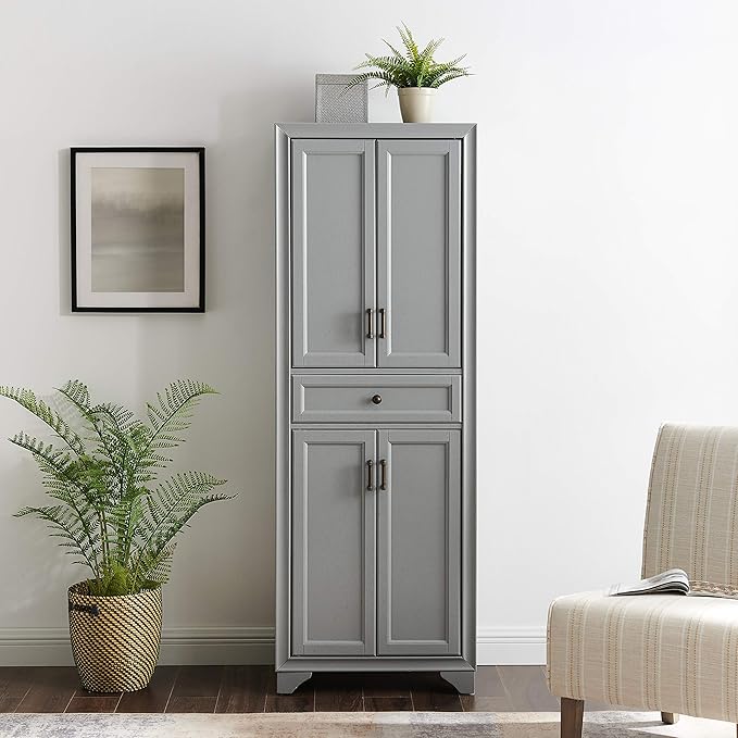 Crosley Furniture Tara Pantry Storage Cabinet with Shelves, Kitchen, Dining, or Laundry Room, Distressed Gray
