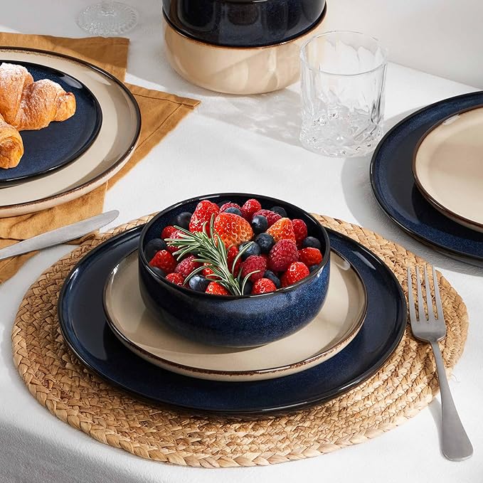 Herogo 12 Pieces Stoneware Dinnerware Dishes Sets for 4, Kitchen Dining Plates and Bowls Sets, Double Reactive Glaze, Microwave & Dishwasher Safe, Scratch Resistant, Starry Blue & Cream Khaki