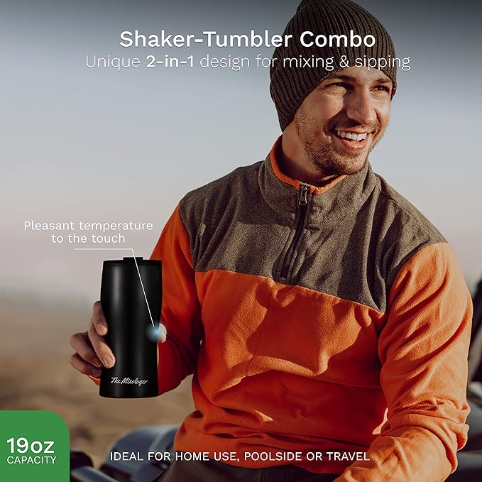 The Mixologer Cocktail Shaker & Tumbler | 19 oz Stainless Steel Drink Mixer with Built-in Measurements, Leak-Proof Design & Vacuum Insulation | Ideal to Mix Whiskey, Cocktails & More | Matte Black