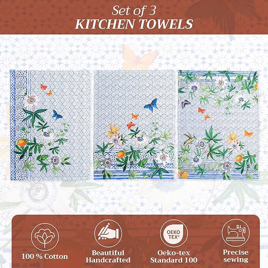 Maison d' Hermine Kitchen Towels Set of 3 100% Cotton 27.50" x 20" Reusable Cloth Tea Dish Towels Absorbent with Hanging Loop for Kitchen, Home, Dining, Cocktail Parties Spring/Summer (Passiflora)