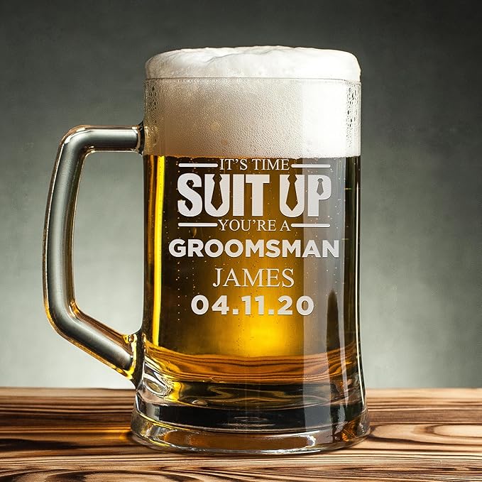 Groomsmen Gifts - Personalized Beer Mugs - Groomsmen Proposal Gift Idea - Customized Gift for Groom, Best Man, Groomsman - Custom Engraved Beer Mugs for Grooms Men - Groomsmen Beer Glasses (Design A)