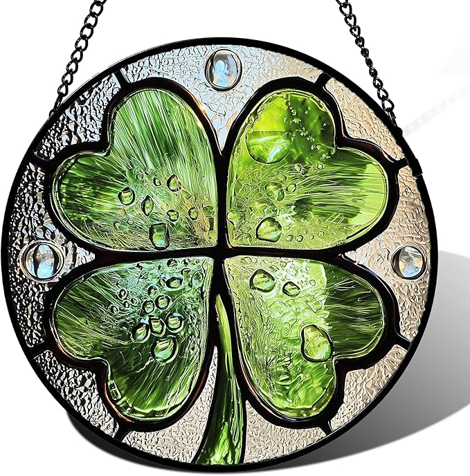 Stained Glass Window Hanging - St. Patrick's Day Green Irish Themed Gifts Sun Catcher Door Home Clover Decor Suncatcher Christmas Mother's Day Birthday Gifts for Women Men Mom Nana 9.8 in