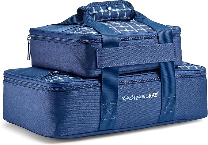 Rachael Ray Lugger Duo, Insulated Casserole Carrier for Hot or Cold Food, Thermal Lasanga Lugger Tote for Potluck, Parties, Picnic, and Cookouts, Fits 9" x 13" Baking Dish, Navy Gingham