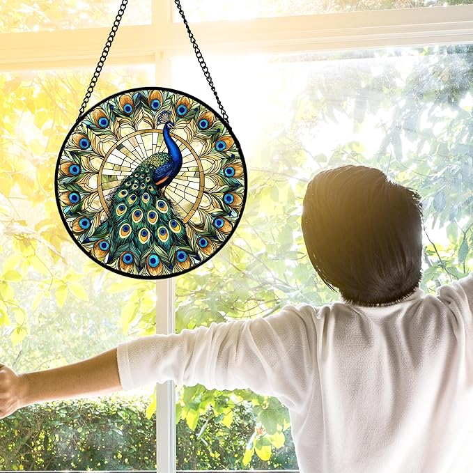 Stained Glass Window Hanging - Retro Peacock Decoration Suncatcher for Door Garden Home Bird Feather Sun Catchers Christmas Mother's Day Birthday Gifts for Women Men Mom Nana Friend 9.8 in
