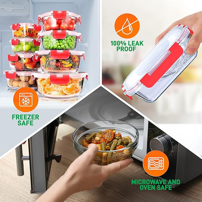 SereneLife 24 Piece Glass Storage Containers with Lids, 12 Pack Glass Meal Prep Container Set for Lunch, Kitchen Storage, Food Storage, Leak Proof, Freezer Safe and Dishwasher Safe, Red