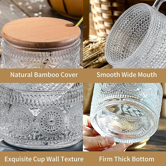 6pcs Vintage Coffee Mugs 14oz, Overnight Oats Containers with Bamboo Lids and Spoons - Clear Embossed Glass Cups, Cute Iced Coffee Glasses Bar Accessories, Clear Cups Vintage gifts for women.