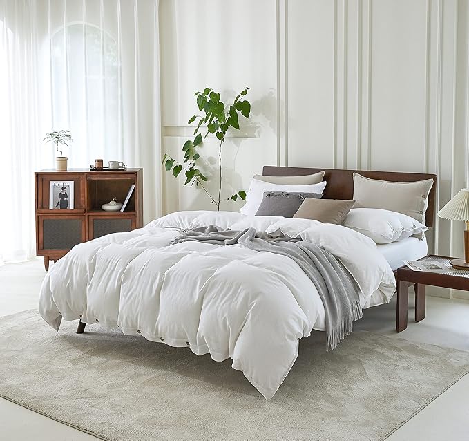 EVERLY 100% Pure Linen Duvet Cover Set King Size 104X90Inch 3pcs (1 Duvet Cover,2 Pillowcases) Soft and Breathable for All Season with Coconut Button Closure, Suitable for Hot Sleepers-White-King