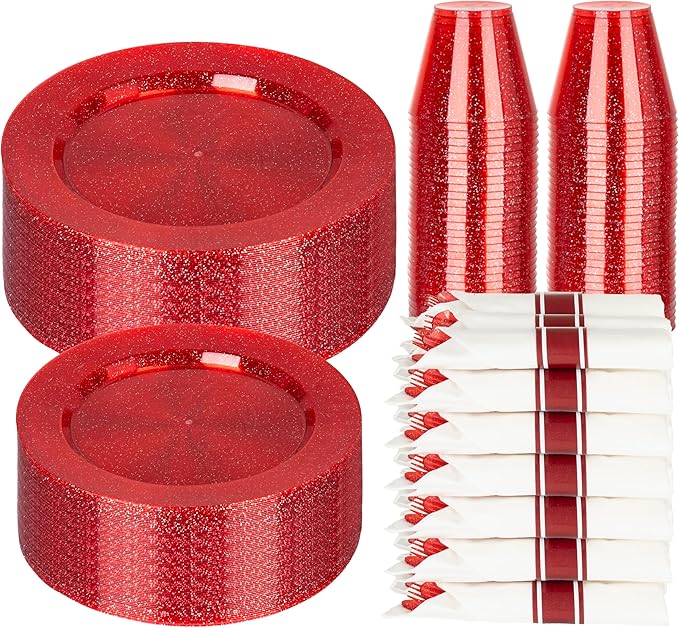 DaYammi 350 Pieces Red Glitter Dinnerware Set 50 Guest for Christmas Party- 50 Dinner Plates, 50 Dessert Plates -50 Per Rolled Napkins with Red Cutlery - 50 Disposable Cups 9 OZ