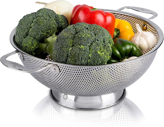 LiveFresh Stainless Steel Micro-Perforated 5-Quart Colander - Professional Strainer with Heavy Duty Handles and Self-draining Solid Ring Base - Dishwasher Safe