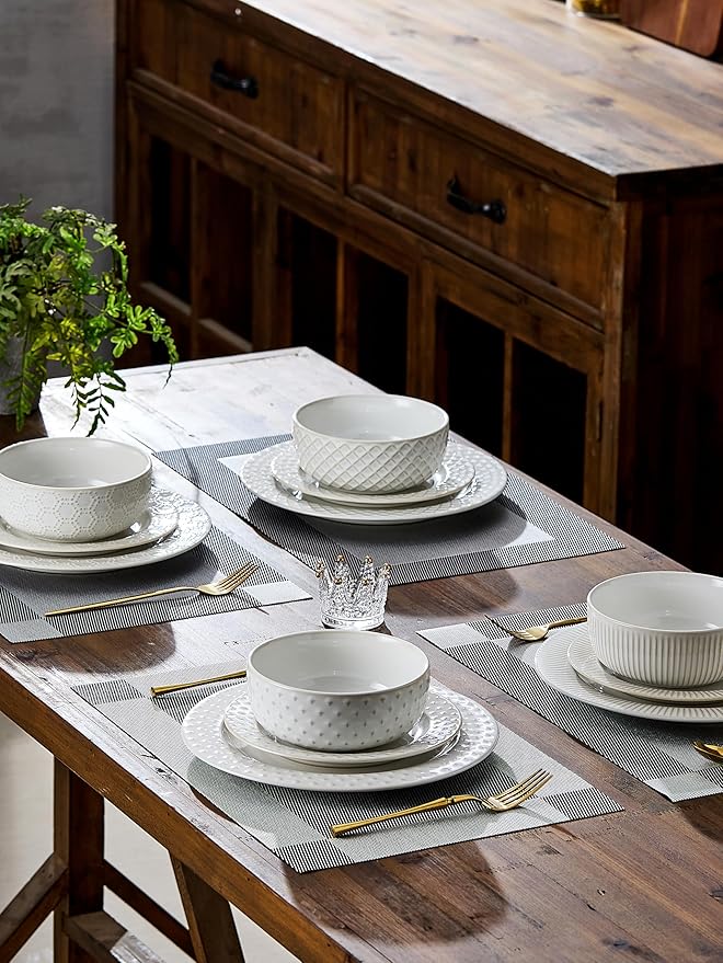Ceramic Dinnerware Set for 4, 12-Piece Stoneware Plates and Bowls Set, Microwave & Dishwasher Safe, Lead-Free Scratch Resistant, 4 Different Dinner Plates & Soup Bowls (White)
