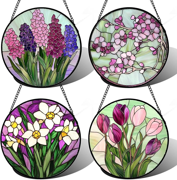 Stained Glass Window Hanging 4 Pcs Set Tulips Plum Flower Daffodils Hyacinths Large 15" - Suncatcher Door Garden Sun Catcher Decor Birthday Mother's Day for Mom Woman Nana