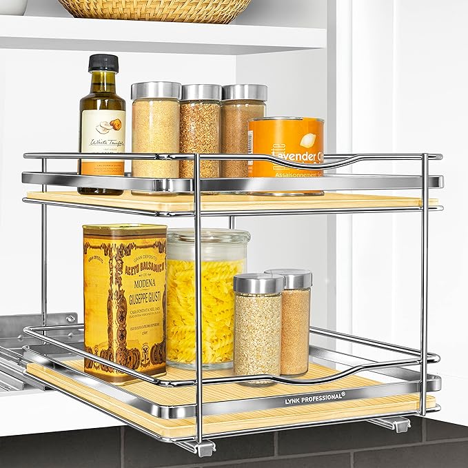 LYNK PROFESSIONAL® Élite™ Pull Out Spice Rack Organizer for Inside Kitchen Cabinets - 10-3/8 inch Wide - Slide Out Drawer – Wood/Chrome Sliding Spice Cabinet Organization Shelf Racks - 2 Tier