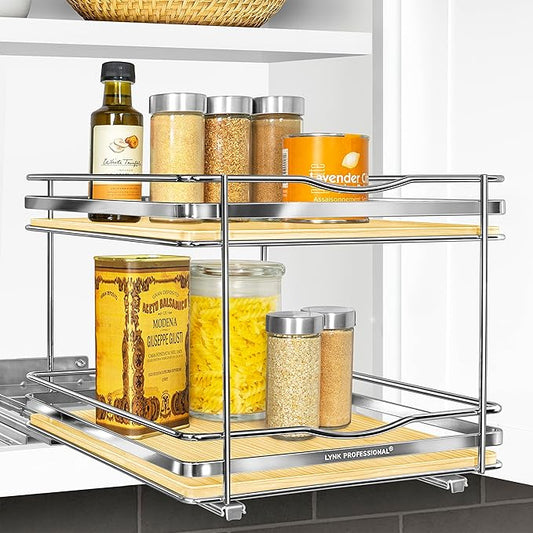 LYNK PROFESSIONAL® Élite™ Pull Out Spice Rack Organizer for Inside Kitchen Cabinets - 10-3/8 inch Wide - Slide Out Drawer – Wood/Chrome Sliding Spice Cabinet Organization Shelf Racks - 2 Tier