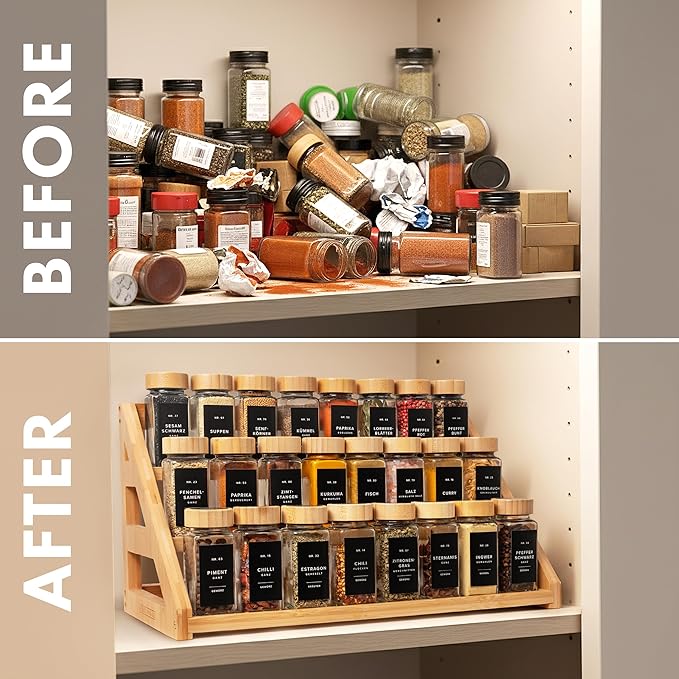 3 Tier Bamboo Spice Rack Organizer for Cabinet – Fits 24 Spice Jars, 17.5” Wide Countertop & Cabinet Organizer for Kitchen Organization, Seasoning Organizer Shelf (Jars Not Included)