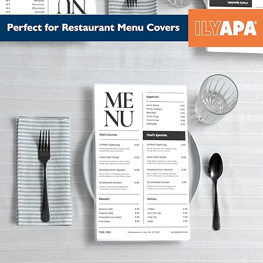Ilyapa Restaurant Menu Covers 8.5 x 14 Inch - 30 Pack, Single Page, 2 View Clear Menu Holder Sleeves for Restaurant, Durable PVC Hard Plastic Sheet