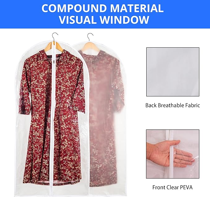 Clear Garment Bag Long Garment Bags for Gowns, Vinyl Dress Bags for Closet Storage, Coat Covers for Closet With Zipper Plastic Garment Bags for Hanging Clothes Long Dress - 24'' X 48''/12 Pack