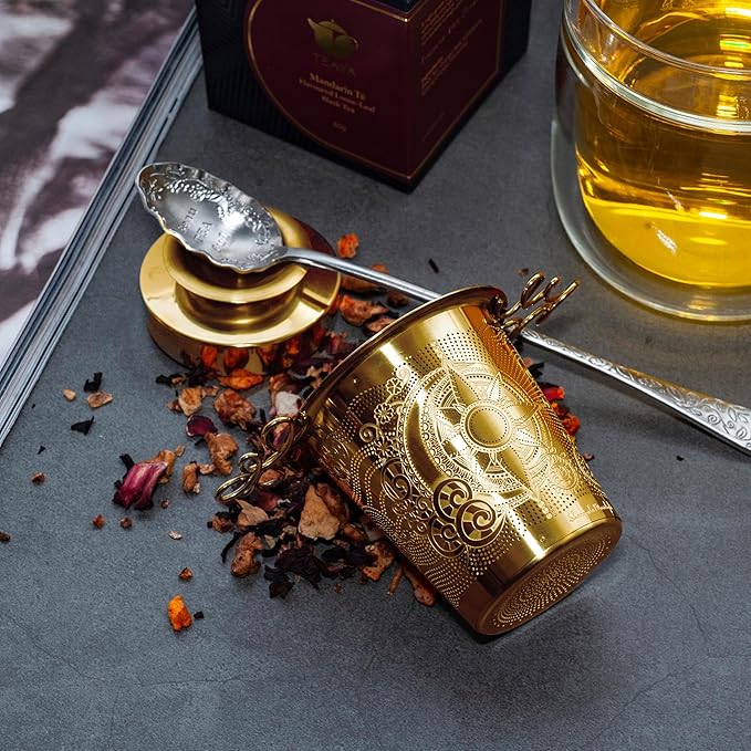 Stainless Steel Tea Infuser Basket - Engraved Floral Strainer with Crystal Chain, Fine Mesh Filter for Loose Leaf Tea, Ergonomic Handle & Gift Box