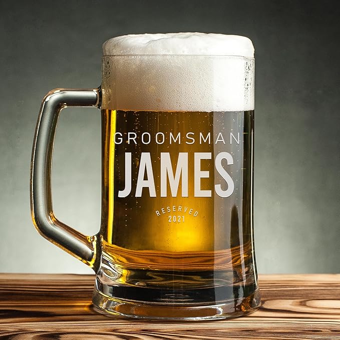 Groomsmen Gifts - Personalized Beer Mugs - Groomsmen Proposal Gift Idea - Customized Gift for Groom, Best Man, Groomsman - Custom Engraved Beer Mugs for Grooms Men - Groomsmen Beer Glasses (Design E)