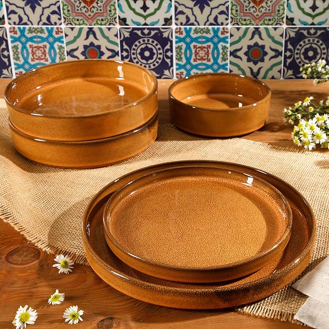 Bloomhouse - Two Time Oprah's Favorite Things Winner - Santorini Mist Double Bowl Terracotta Reactive Glaze Plates and Bowls Dinnerware Set - Amber, Service for Four (16pcs)