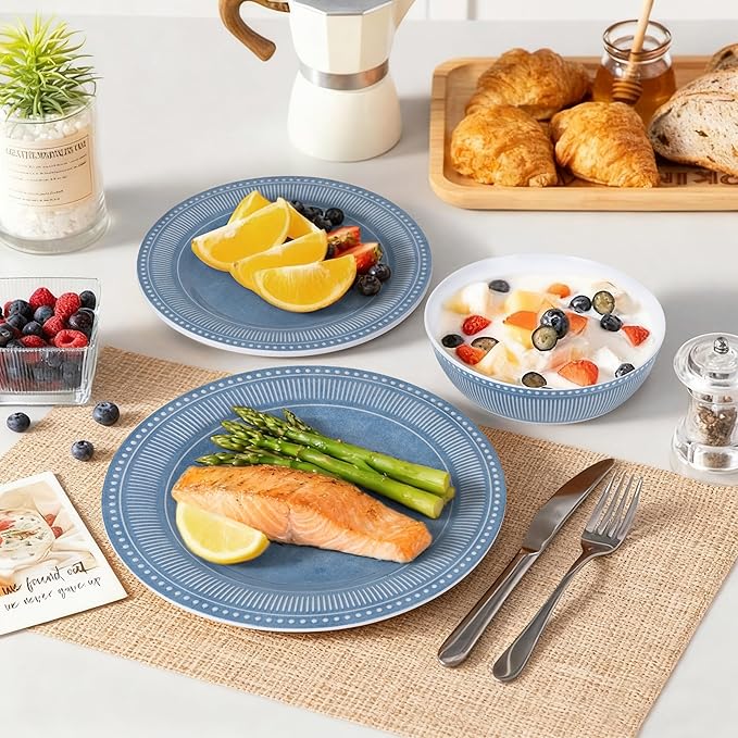 AELS Melamine Dinnerware Set of 12 Pcs, Dinner Dishes Set for Indoor and Outdoor Use, Melamine Plates and Bowls Set for 4, Dishwasher Safe, Lightweight Unbreakable, BPA Free, Soft Blue