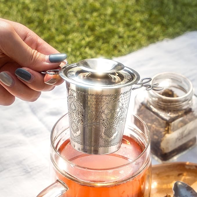 Stainless Steel Tea Infuser Basket - Engraved Floral Strainer with Crystal Chain, Fine Mesh Filter for Loose Leaf Tea, Ergonomic Handle & Gift Box