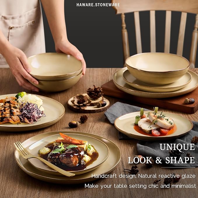 HaWare Dinnerware Sets, 24-Piece Stoneware Plates and Bowls Set, Dish Set for 8, Ceramic Dishware for Home Restaurant, Chip and Scratch Resistant, Microwave and Dishwasher Safe, Reactive Sandy Khaki