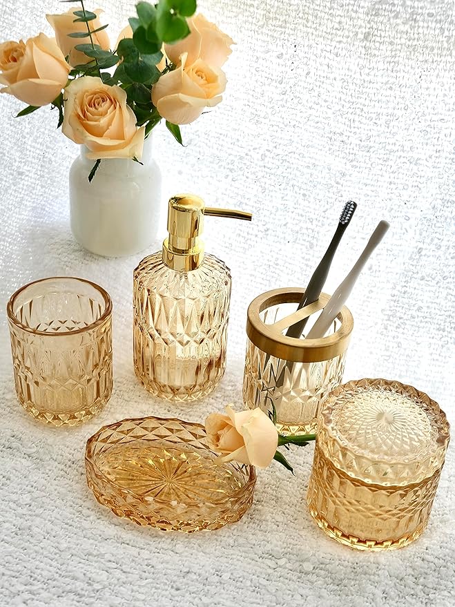 Clear Gold Bathroom Accessorries Set, 5Pcs Glass Bathroom Accessories, Lotion Soap Dispenser, Toothbrush Holder Set, Soap Dish, Tumbler, Qtips Holder for Bathroom Vanity Decor, Yellow Gold