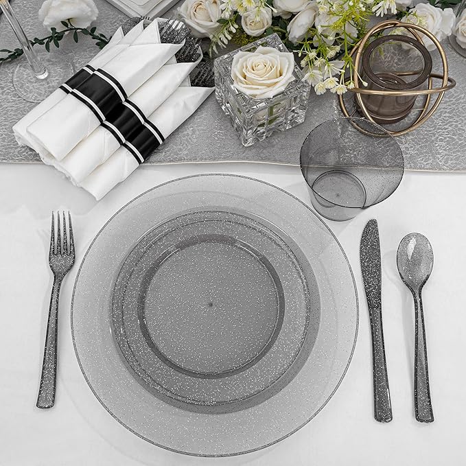DaYammi 350 Pieces Black Glitter Dinnerware Set 50 Guest for Party- 50 Dinner Plates, 50 Dessert Plates -50 Per Rolled Napkins with Black Cutlery - 50 Disposable Cups 9 OZ