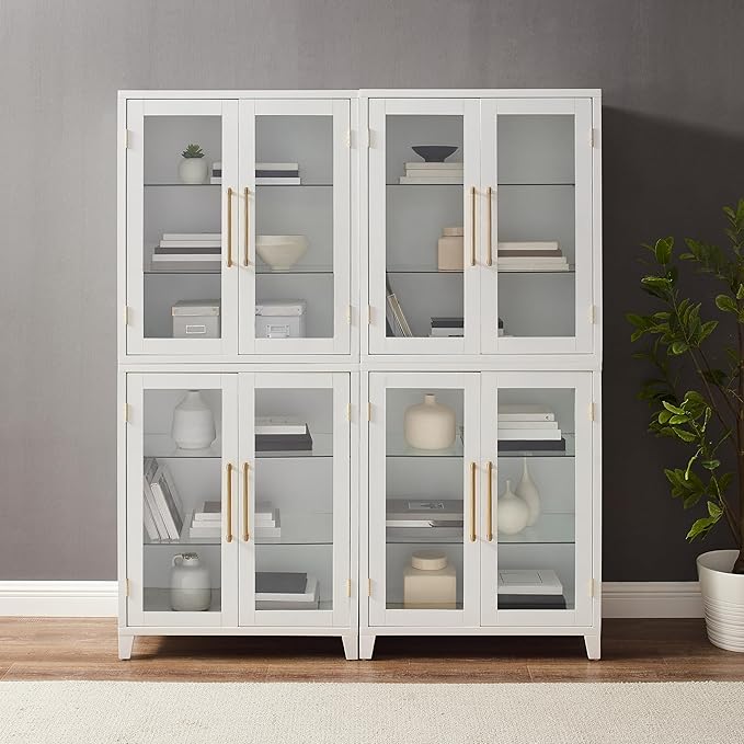 Crosley Furniture Roarke 2-Piece Glass Door Kitchen Pantry Storage Cabinet Set, Living Room, Entryway, White