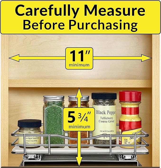 LYNK PROFESSIONAL® Pull Out Spice Rack Organizer for Inside Kitchen Cabinets - 10-3/8 inch Wide - Slide Out Drawer – Chrome Sliding Spice Cabinet Organization Shelf Racks - 1 Tier