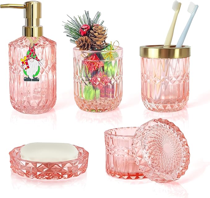 5pcs Clear Glass Bathroom Accessories Set, Crystal Pink Bathroom Decor Set, Soap Dispenser, Toothbrush Holder Set, Soap Dish, Tumbler, Qtips Holder, Modern Decor for Bathroom, Gift Set