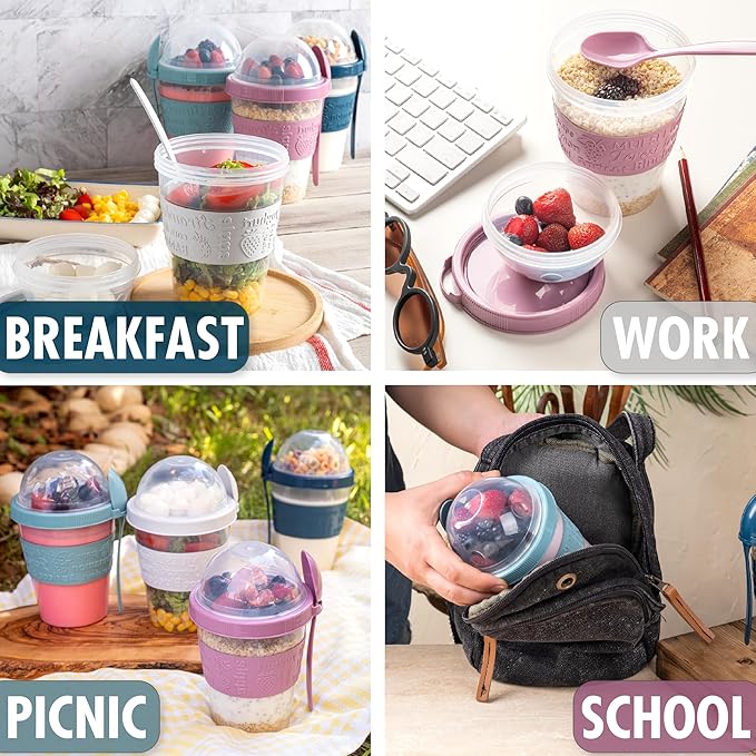 Hakan 20 oz Yogurt Parfait Cups with Lids - 4 Pack, Reusable Cups with Dome Lid and Spoon Yogurt Cups with Topping Compartment BPA-Free Plastic on the Go Cups in Special Box Overnight Oat Containers