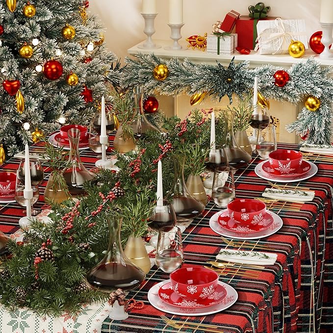 Ollieroo 4 Pieces Ceramic Christmas Cereal Bowls Set, 5.6 Inch White Red Snowflake Xmas Holiday Porcelain All Purpose Dessert Soup Bowls Set for Pasta, Rice, Salad, Microwave and Dishwasher Safe