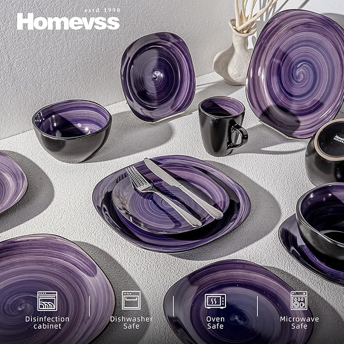 16-Piece Square Dinnerware Set - Serves 4, Inside Spinwash Swirl Purple + Outside Black Plates & Bowls Set | Microwave & Dishwasher Safe