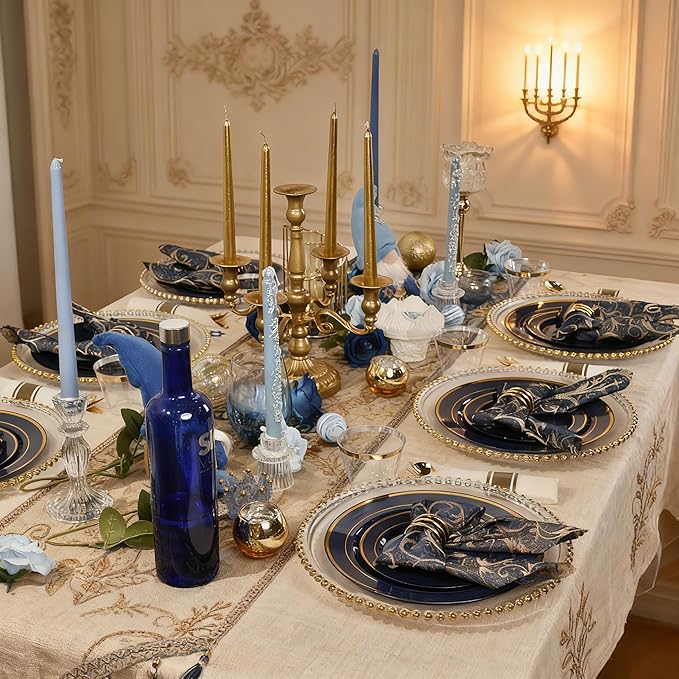 175PCS Blue and Gold Plastic Plates - Navy Blue Plates with Pre Rolled Napkins for Party - 25Guest Disposable Dinnerware Sets for Hanukkah/Party/Hanukkah/Wedding