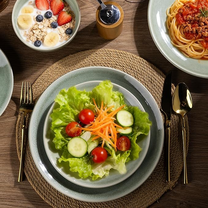 AmorArc Ceramic Dinnerware Sets for 4, 12 Pieces Handpainted Plates and Bowls Set, Scratch Resistant Stoneware Dishes Set, Dishwasher & Microwave Safe, Olive Green