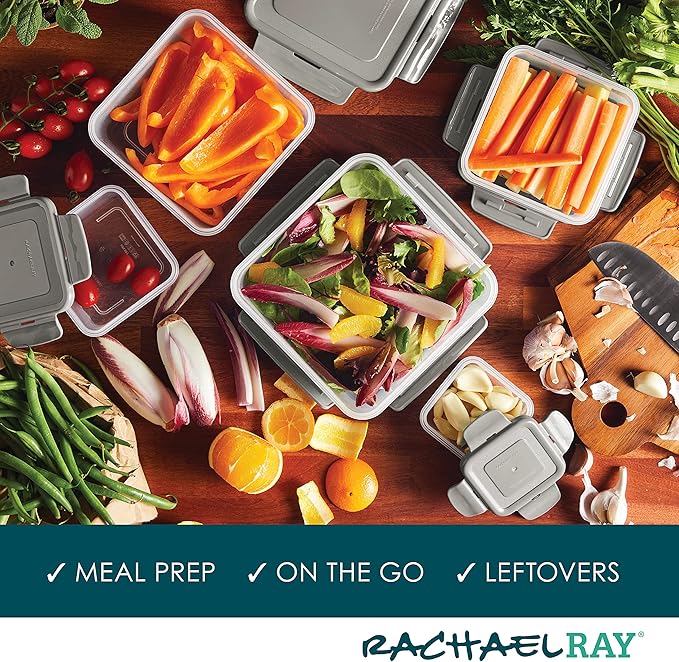 Rachael Ray Leak-Proof Nestable Container Food Storage Bin Set, 10-Piece Square, Gray Lid