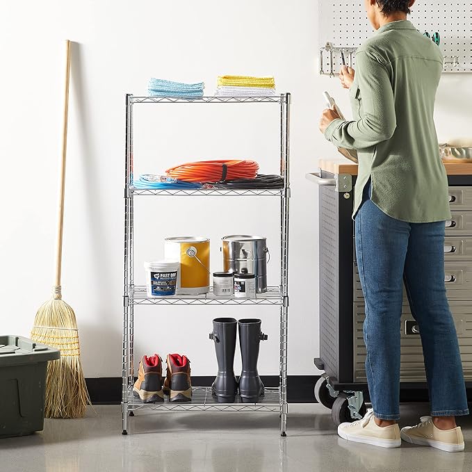Amazon Basics 4-Shelf Adjustable, Storage Shelving Unit, (200 Pound Loading Capacity per Shelf), Steel Organizer Wire Rack, 13.4"D x 23.2"W x 48"H, Chrome