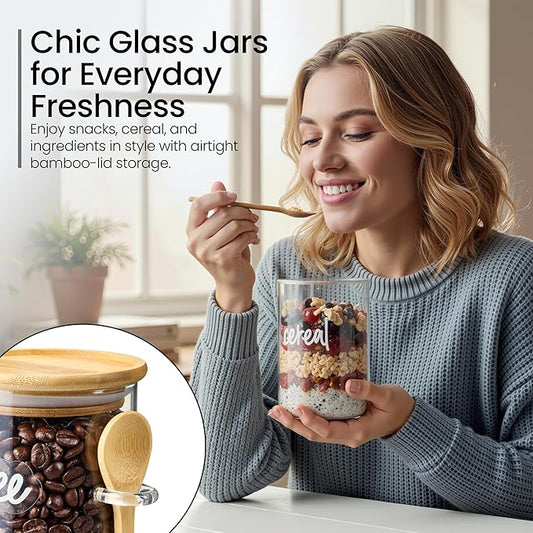 Talented Kitchen Glass Food Storage Containers with Lids - 4-Pack 17 oz Glass - Stackable Kitchen Jars for Pantry, Spice Jars & Coffee Containers for Countertop - Attached Spoons & 157 Labels