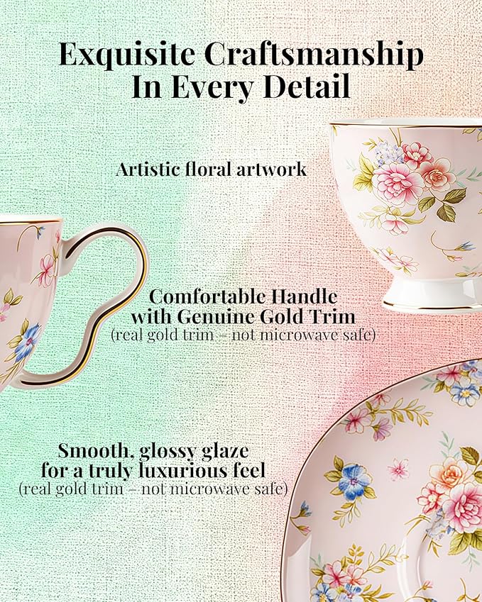 Exquisite Bone China Tea Cups and Saucer Set – Elegant Porcelain Tea Cups, Beautifully Detailed for Tea Lovers, Gift-Ready for Christmas, Hostess, Holiday Gift & Fall Decor
