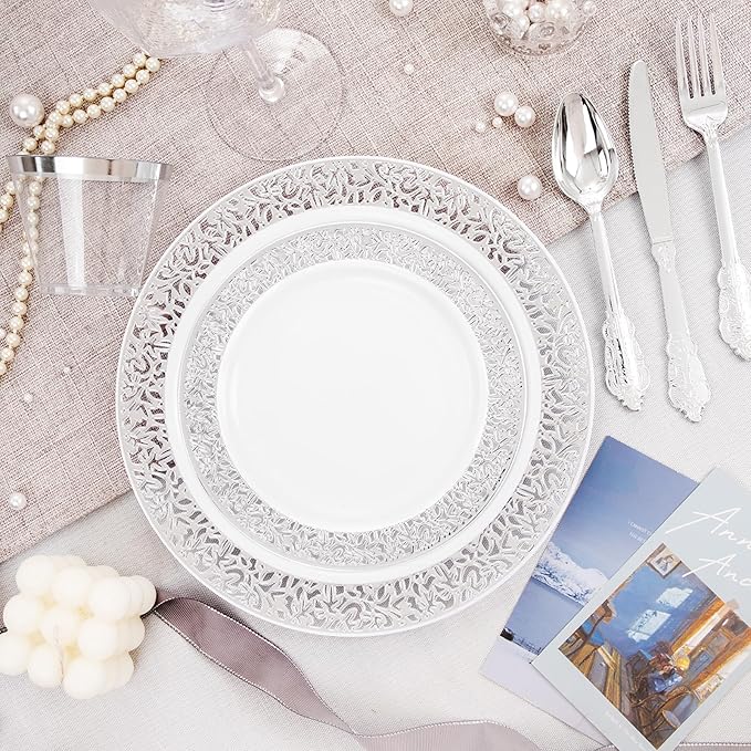 DaYammi 210PCS Silver Plastic Dinnerware Set, Silver Disposable Plates, Includes:30 Dinner Plates,30 Salad Plates,30 Cups 9 OZ and 30 Pre Rolled Napkins with Cutlery Heavy Duty for Party